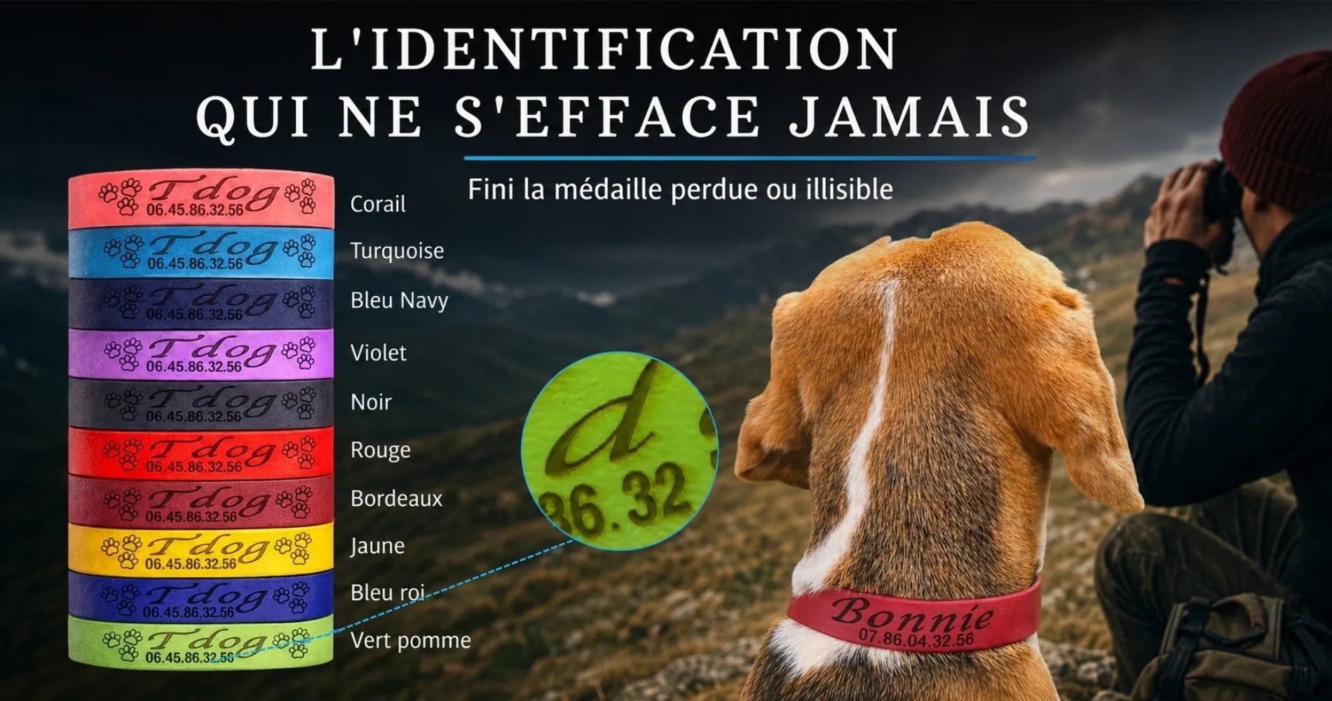 Gros plan gravure laser sur collier 
personnalisé chien avec prénom et numéro